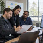 - An operations manager candidate reviews a service dashboard and process notes with two team members in a practical workplace.