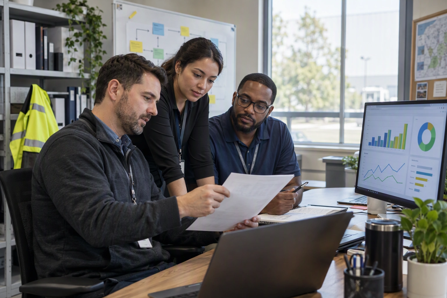 - An operations manager candidate reviews a service dashboard and process notes with two team members in a practical workplace.