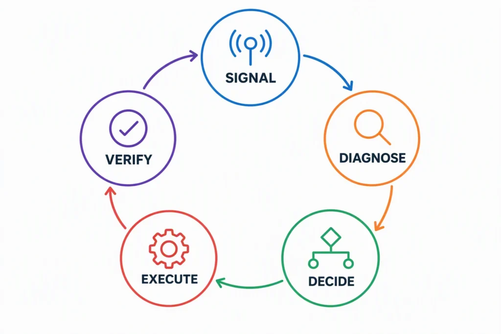 An operations response loop moves from a signal through diagnosis, decision, execution, and verification.