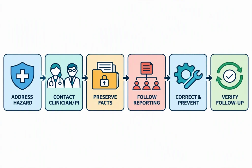 A six-stage safety and deviation workflow moves from addressing an immediate hazard through escalation, fact preservation, reporting, corrective action, and follow-up.