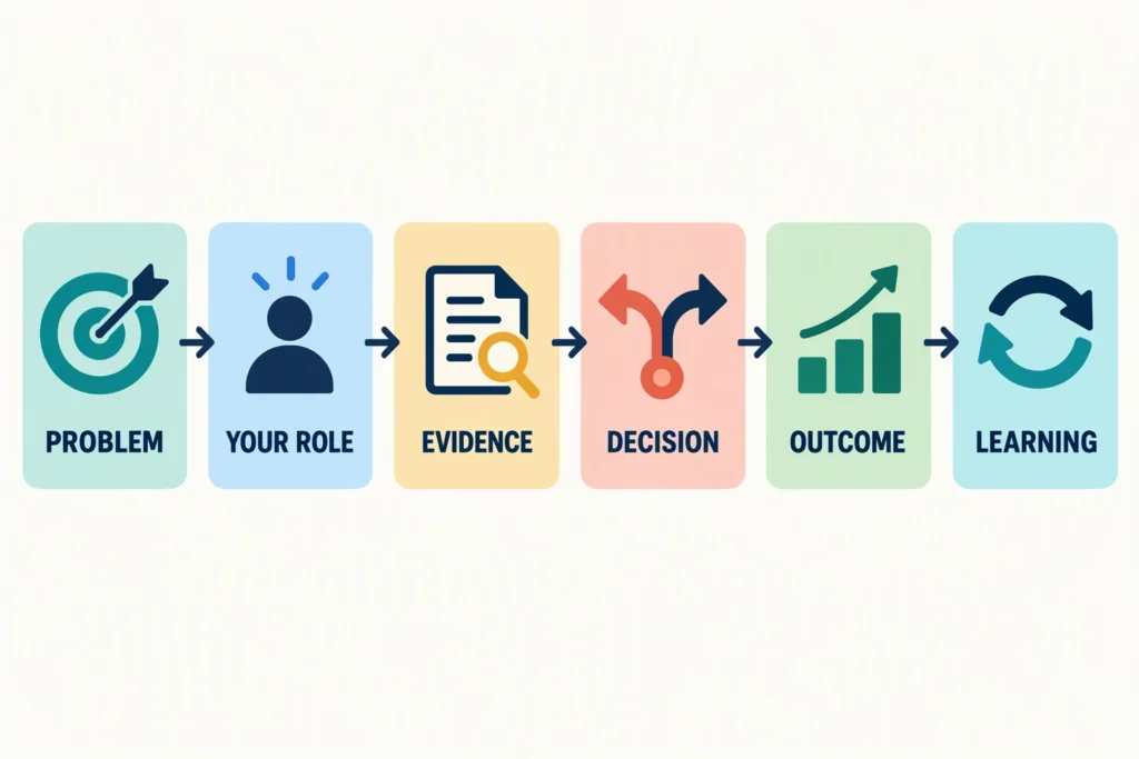 portfolio-case-study-story-map A six-step portfolio story moves from the user problem and the designer's role through evidence, a choice, the result, and learning