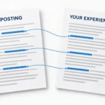 A job posting and resume connected by matching blue highlights.