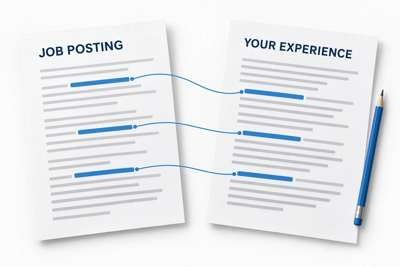 A job posting and resume connected by matching blue highlights.