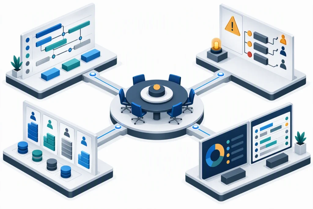 A conceptual program decision workspace brings together dependency review, risk escalation, resource tradeoffs, and audience-specific communication.