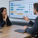 A program manager candidate and interviewer discuss an abstract portfolio roadmap connecting strategy, coordinated initiatives, and outcomes.