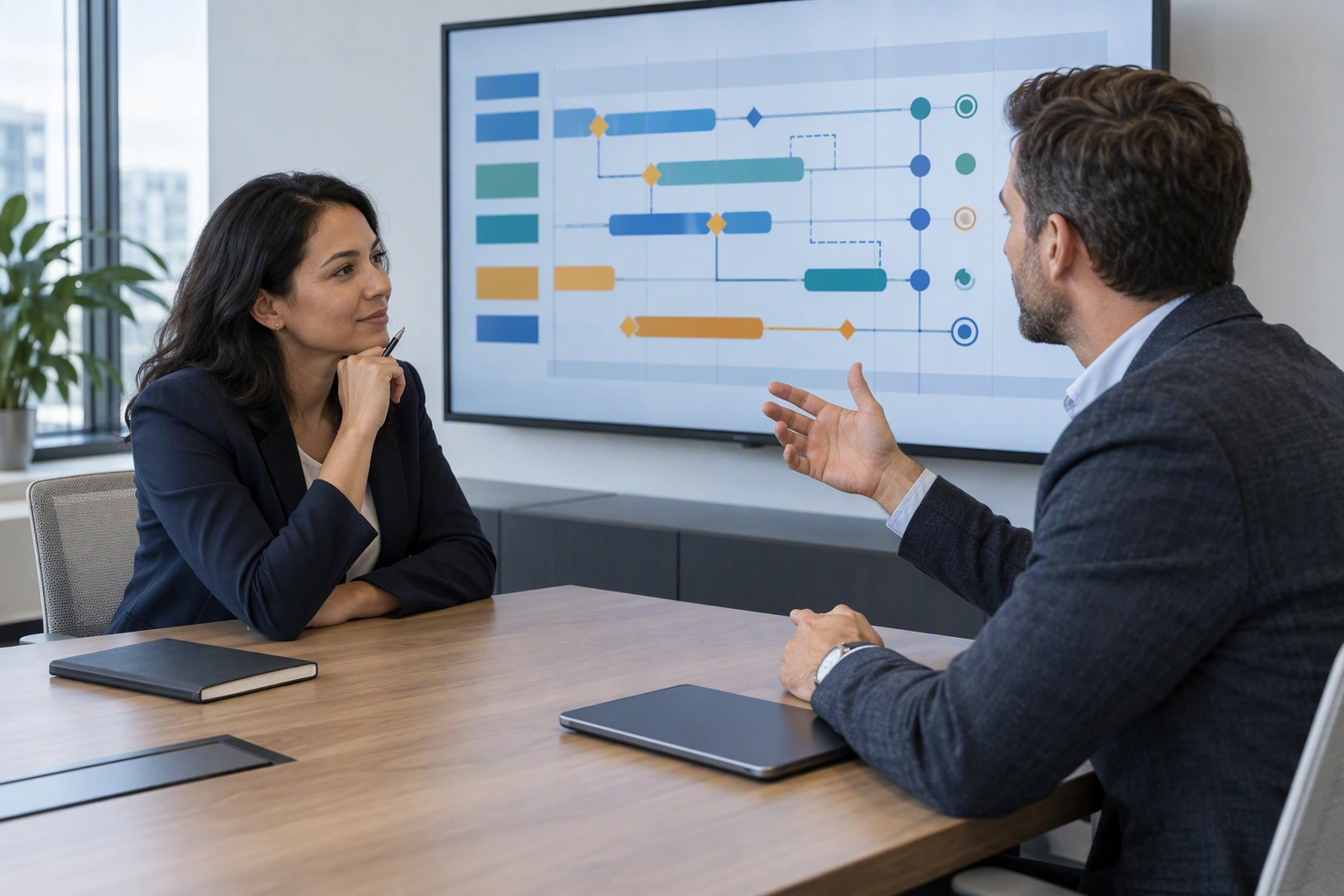 A program manager candidate and interviewer discuss an abstract portfolio roadmap connecting strategy, coordinated initiatives, and outcomes.