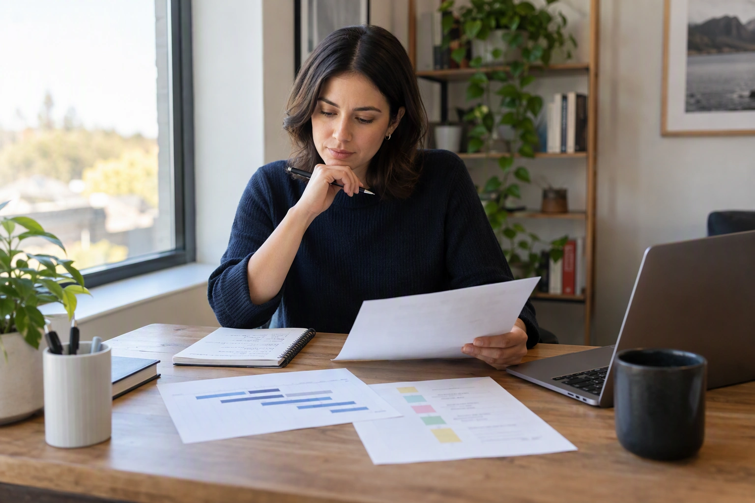 A project manager organizes interview stories beside a timeline and risk notes.