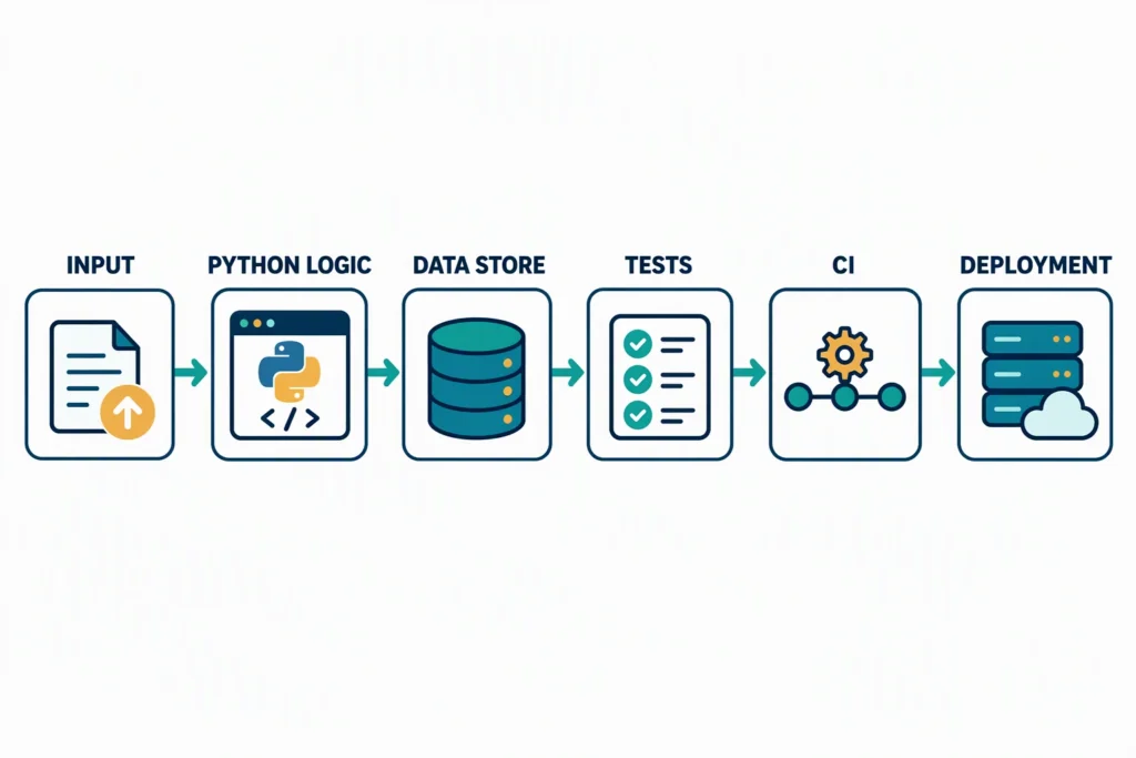A Python project evidence chain connects inputs to application logic, data storage, tests, continuous integration, and deployment.