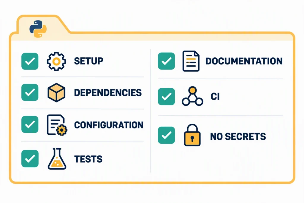A repository readiness checklist covers setup, dependencies, configuration, tests, documentation, continuous integration, and secret handling.