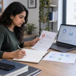 A quality analyst prepares interview stories beside a generic test dashboard, requirement notes, and a defect record.