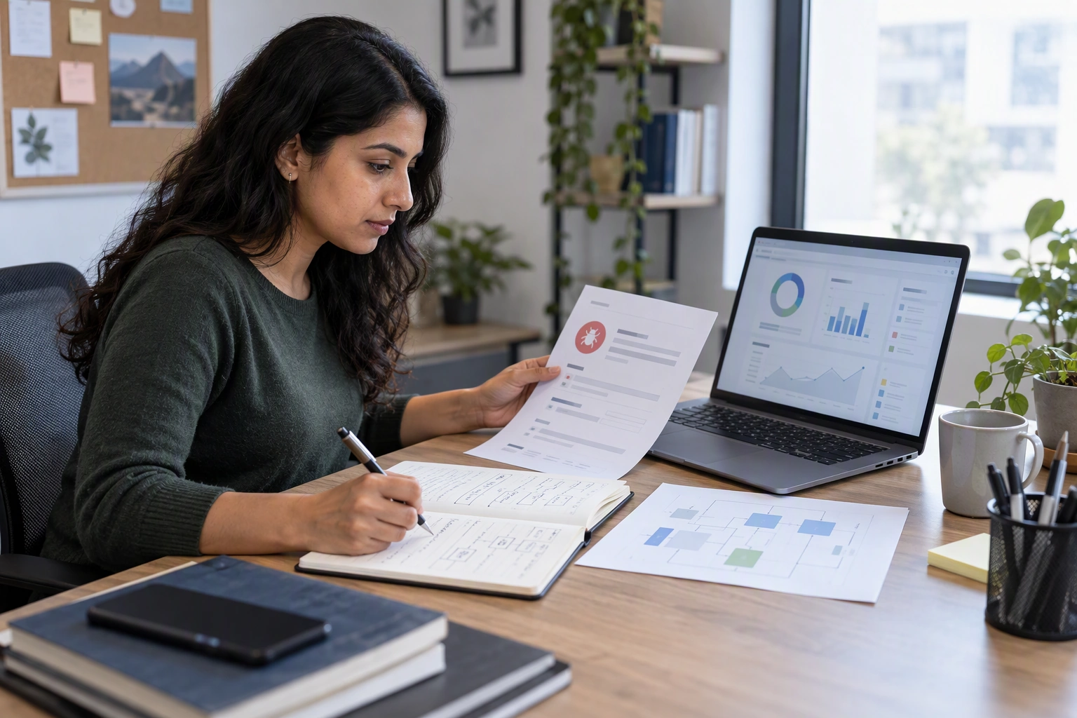 A quality analyst prepares interview stories beside a generic test dashboard, requirement notes, and a defect record.