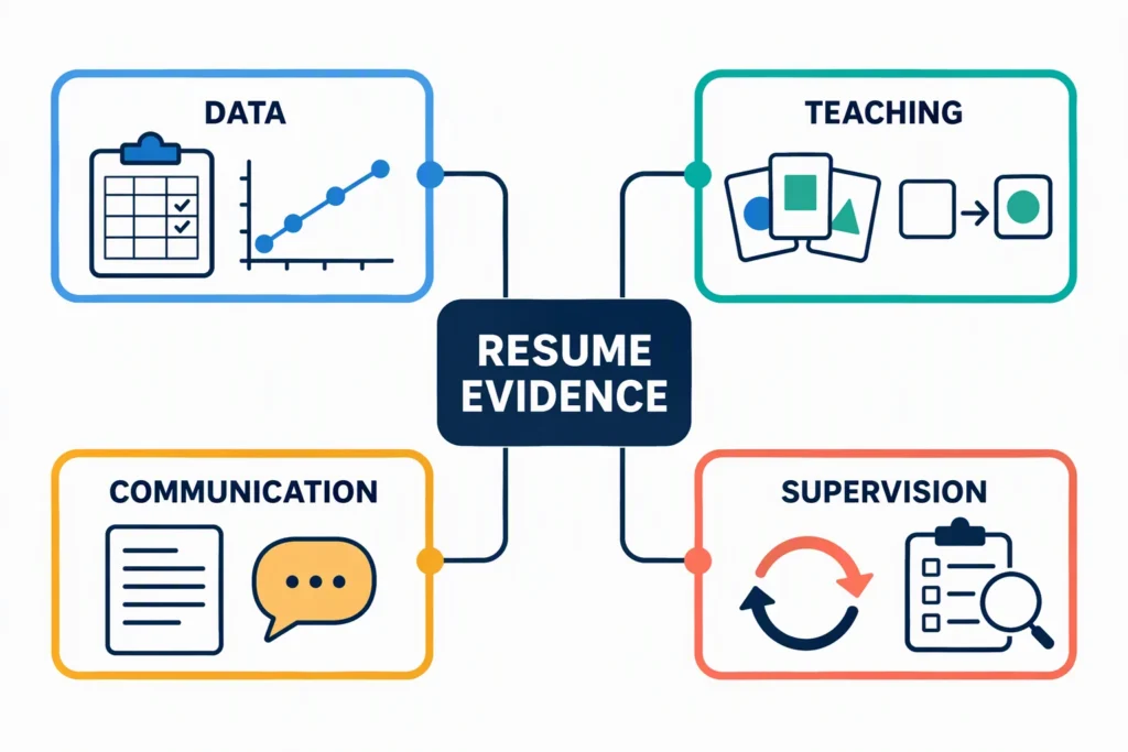  A resume evidence map connects RBT work with data, teaching procedures, communication, and supervision.