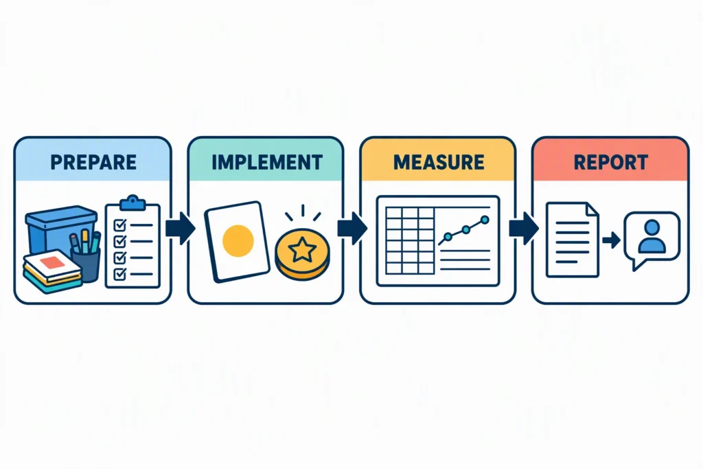 A four-stage RBT service cycle moves from preparation through implementation, measurement, and reporting to a supervisor.