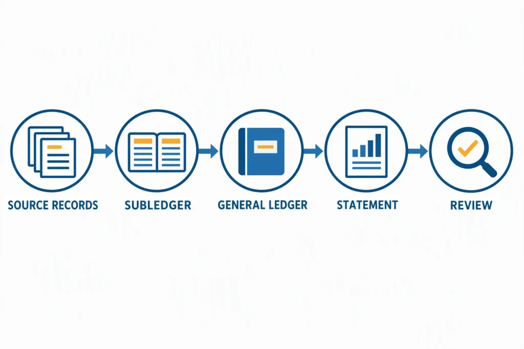reconciliation-evidence-path A reconciliation path moves from source records through ledgers and statements to review.