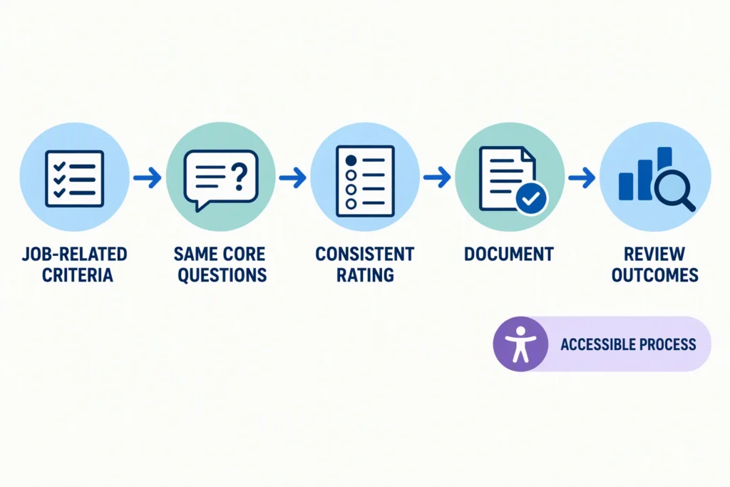 responsible-selection-path A responsible selection path moves from job-related criteria through consistent questions, ratings, documentation, and outcome review.
