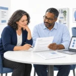 An experienced professional reviews a resume and project notes with a career adviser.