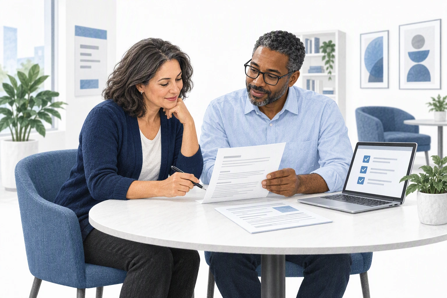 An experienced professional reviews a resume and project notes with a career adviser.