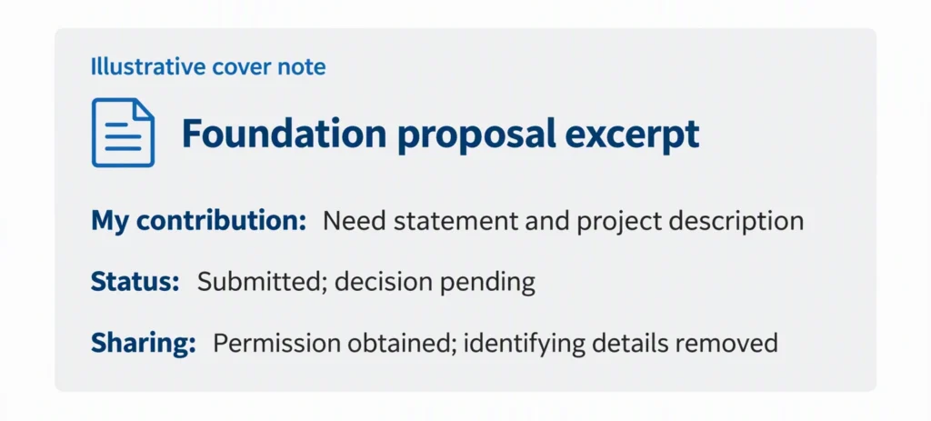 A sample cover note identifies a proposal excerpt, the writer's contribution, its status, and sharing permission.
