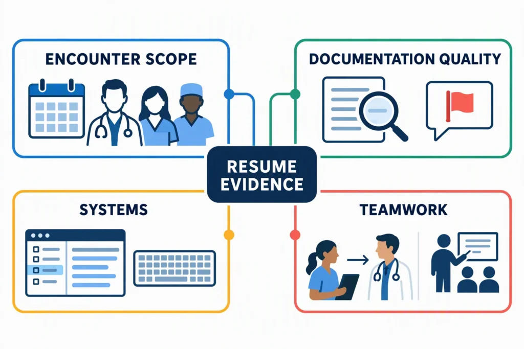 A resume evidence map connects medical scribe work to encounter scope, documentation quality, systems, and teamwork.