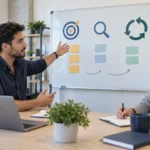 A Scrum Master candidate and interviewer discuss an abstract product board organized around goals, inspection, and adaptation.