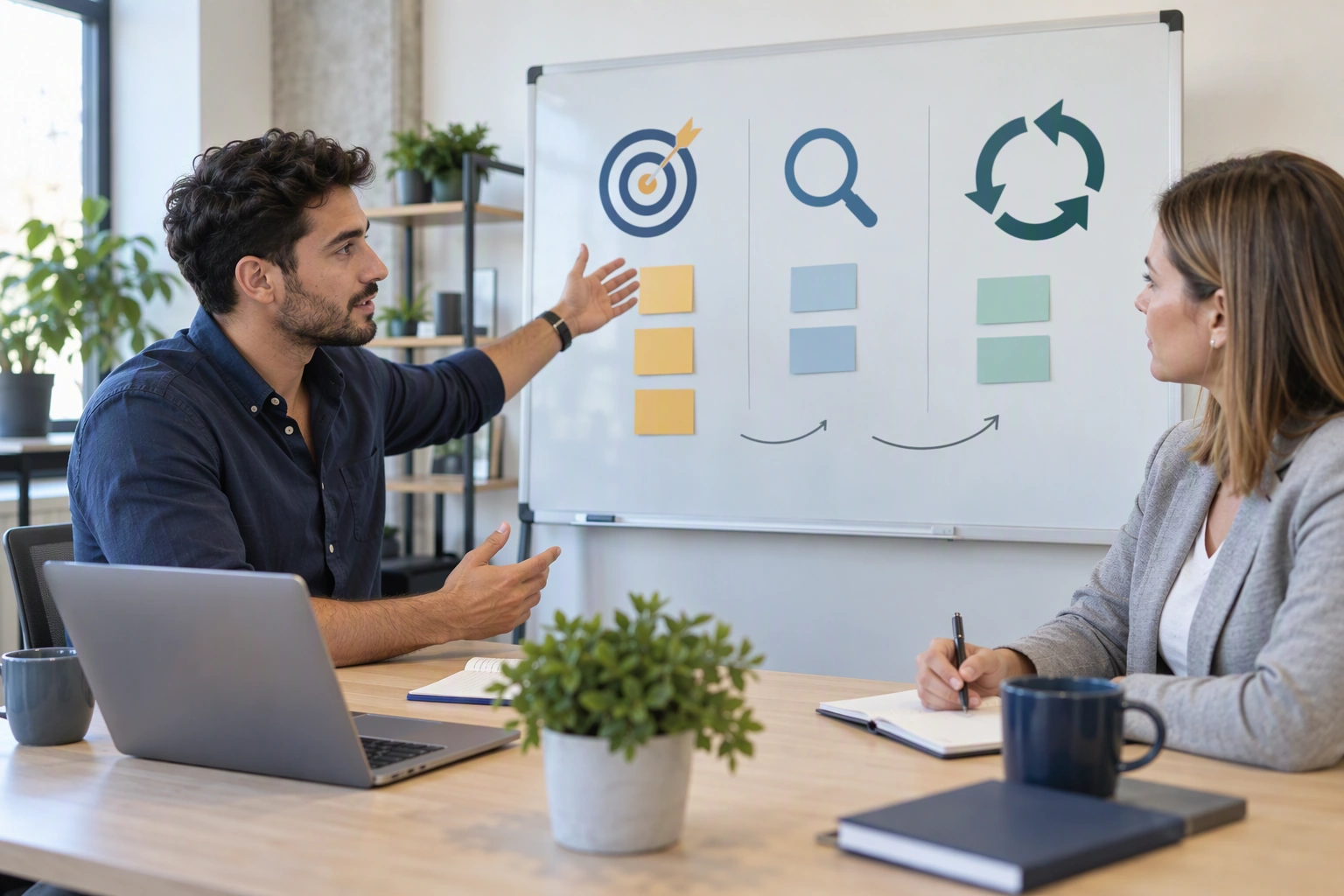 A Scrum Master candidate and interviewer discuss an abstract product board organized around goals, inspection, and adaptation.