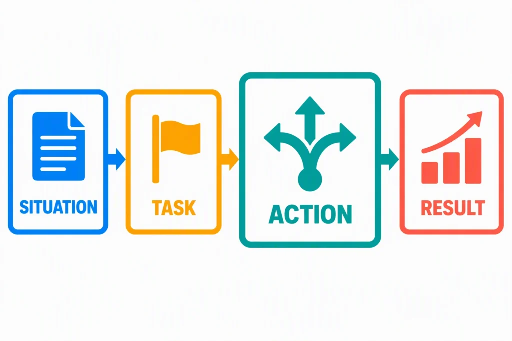 A four-stage STAR answer moves from situation and task to action and result.