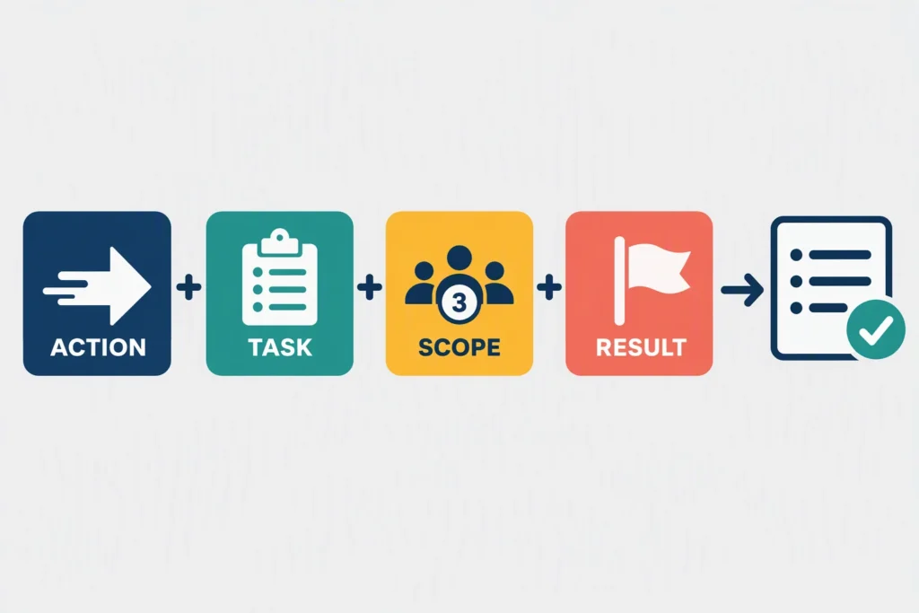 A student resume bullet grows from an action and task into scope and a verifiable result.