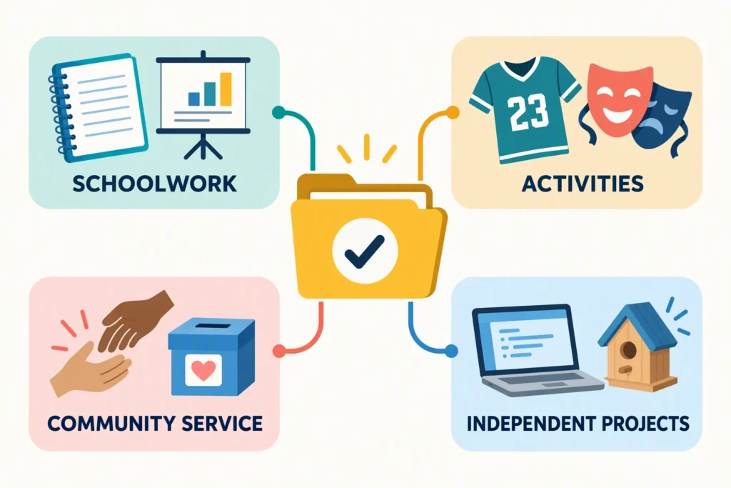 Four evidence sources for a first job include schoolwork, activities, community service, and independent projects.
