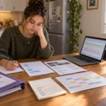 A teenager builds a first-job application from a posting, school projects, volunteer notes, and activity records at a kitchen table.