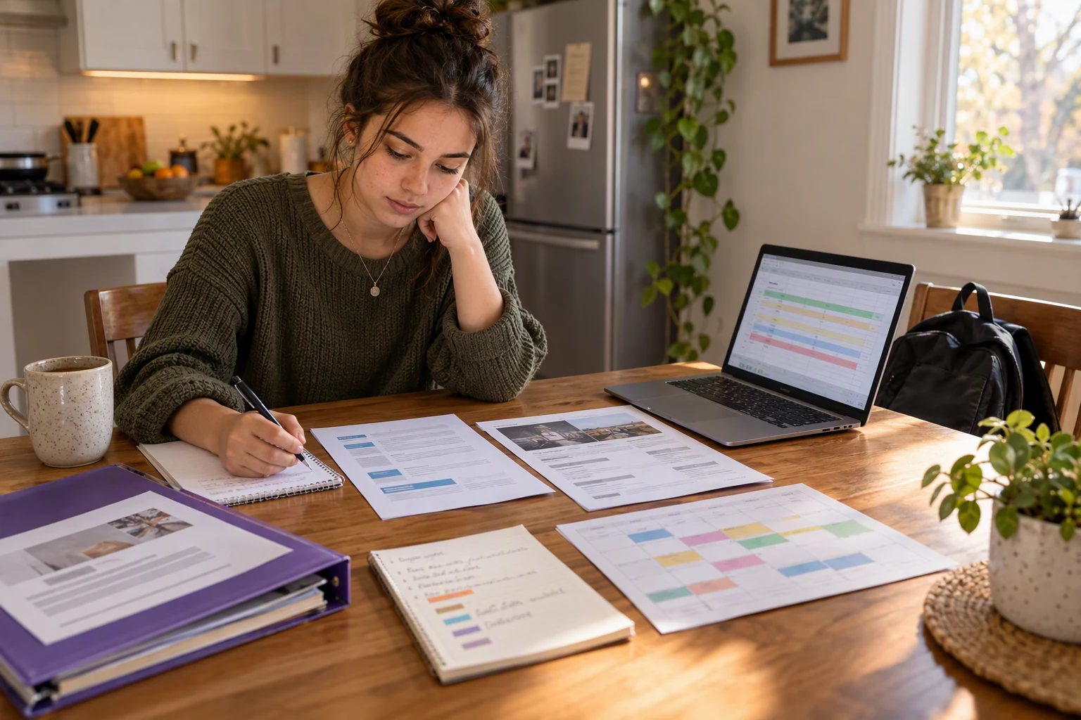 A teenager builds a first-job application from a posting, school projects, volunteer notes, and activity records at a kitchen table.