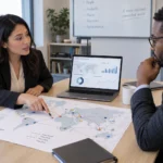A supply chain analyst candidate and interviewer review a network map and an operational dashboard in a professional workspace.