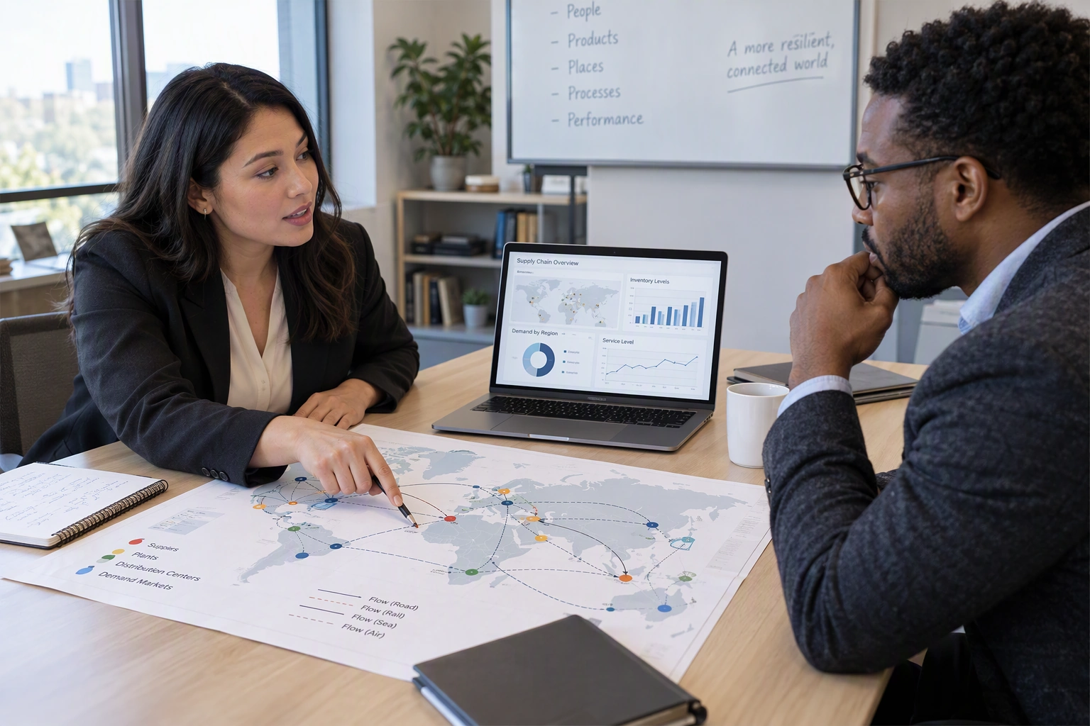 A supply chain analyst candidate and interviewer review a network map and an operational dashboard in a professional workspace.