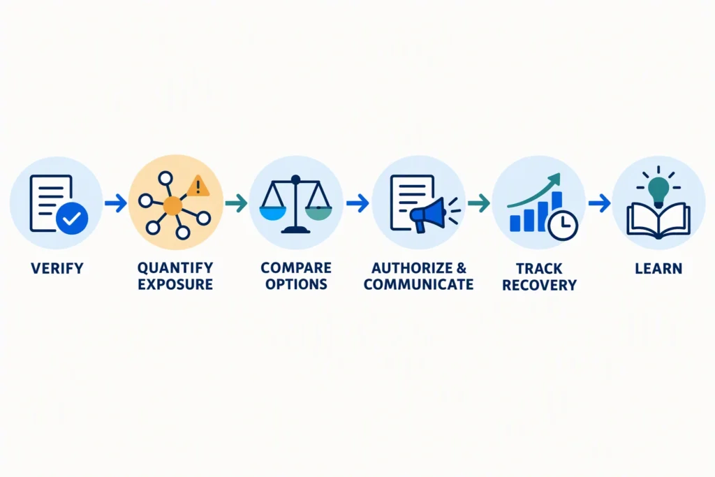 A six-step supply disruption path moves from checking the delay and measuring its effect to an approved response, recovery tracking, and review.