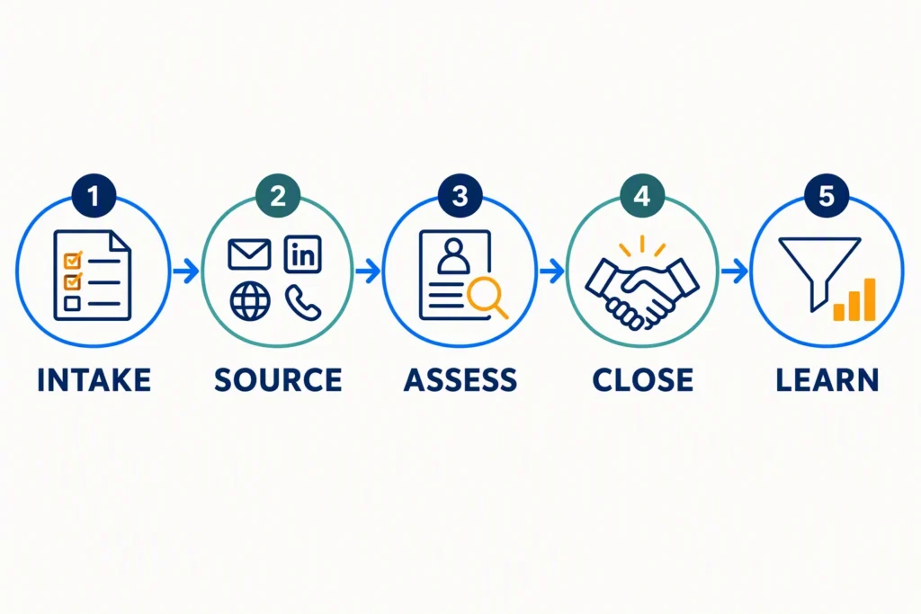 talent-acquisition-process A five-stage recruiting process moves from intake through sourcing, assessment, closing, and learning.