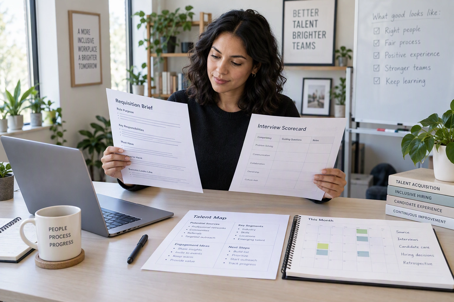 A talent acquisition specialist candidate reviews an anonymized requisition brief, interview scorecard, and talent-map notes.
