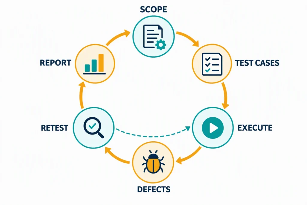 A testing evidence loop moves from scope and test cases through execution, defects, retesting, and a final report.
