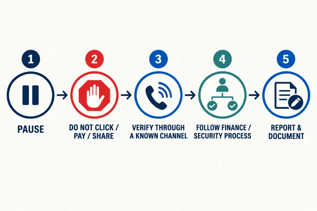 A verification workflow pauses suspicious urgent requests before any payment, click, credential disclosure, or file sharing.