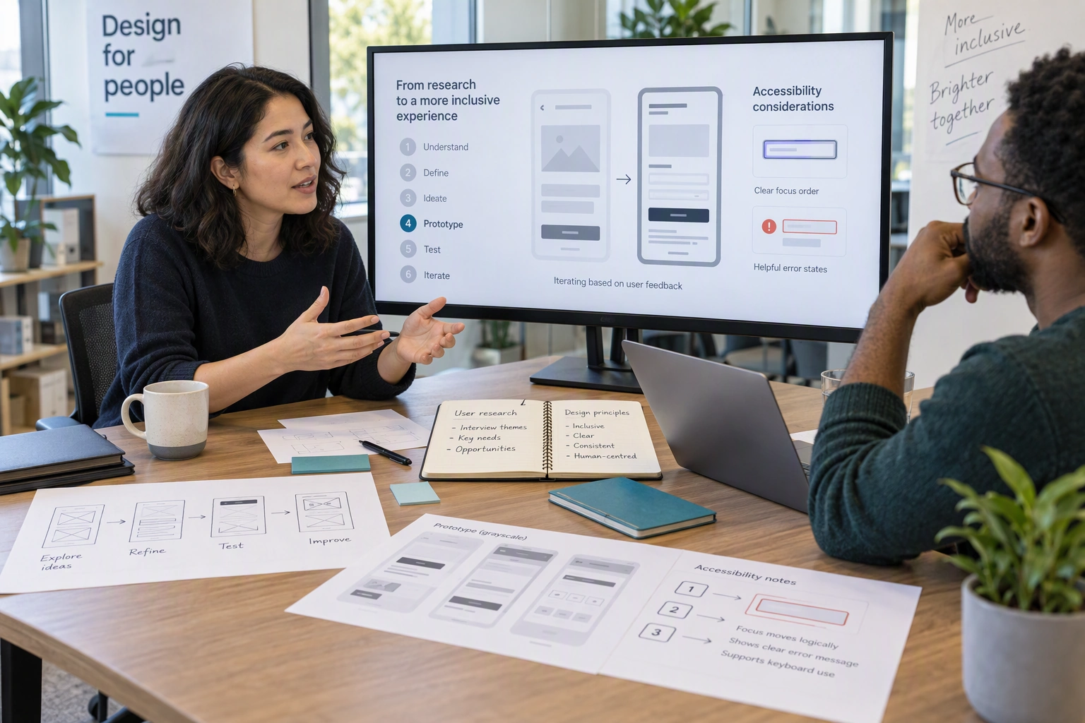 A UX design candidate presents a case study with private details removed, along with research notes, an early sketch, a prototype, and accessibility notes.